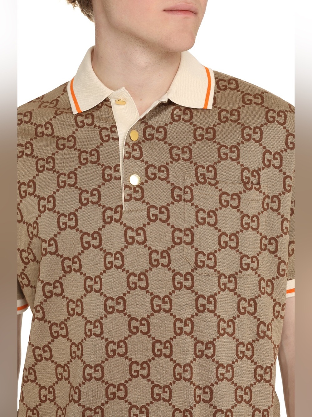 Gucci Beige Logo Print Stripe Trim Short Sleeve Polo Shirt